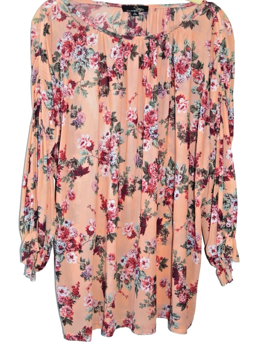 Suzanne Betro Peach Floral Mesh Long Sleeve Peasant Blouse